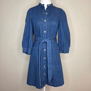 Western Denim Puff Sleeve Belted Shirt Dress Who What Wear Womens XS Blue